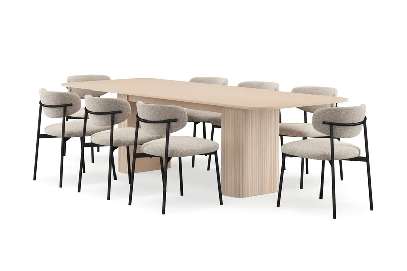 Kopparbo Spisebord 200-260 cm Udtræksbord med tillægsplade med 8 Lucy Spisestole, Hvid / Greige Bouclé / Metalben Sort