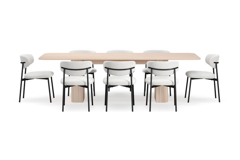 Kopparbo Spisebord 200-260 cm Udtræksbord med tillægsplade med 8 Lucy Spisestole - Hvid / Hvid Bouclé / Metalben Sort - Møbler - Borde - Spisebordssæt