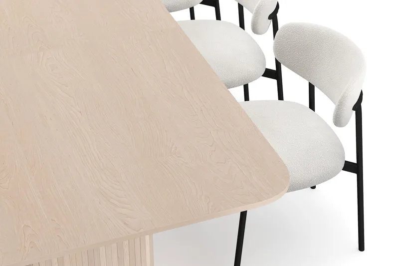 Kopparbo Spisebord 200-260 cm Udtræksbord med tillægsplade med 8 Lucy Spisestole - Hvid / Hvid Bouclé / Metalben Sort - Møbler - Borde - Spisebordssæt