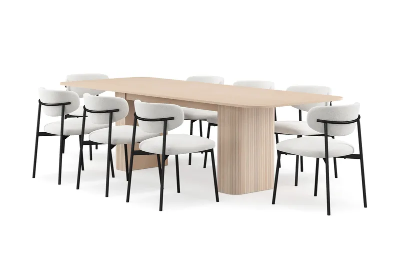 Kopparbo Spisebord 200-260 cm Udtræksbord med tillægsplade med 8 Lucy Spisestole, Hvid / Hvid Bouclé / Metalben Sort