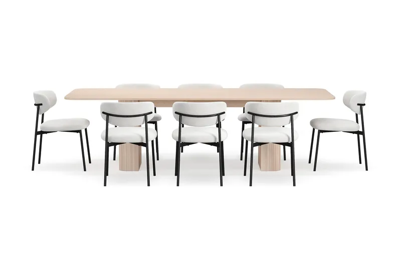 Kopparbo Spisebord 200-260 cm Udtræksbord med tillægsplade med 8 Lucy Spisestole - Hvid / Hvid Bouclé / Metalben Sort - Møbler - Borde - Spisebordssæt