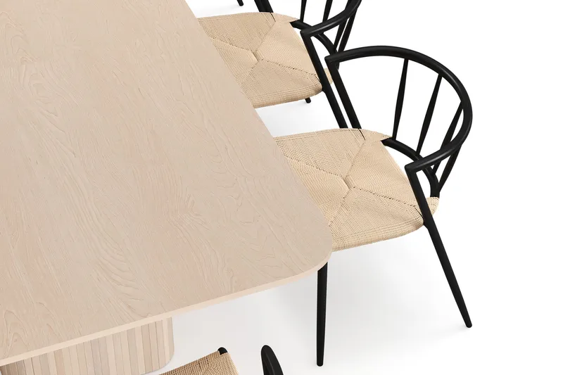 Kopparbo Spisebord 200-260 cm Udtræksbord med tillægsplade med 8 Winston Spisestole - Hvid / Beige / Metalben Sort - Møbler - Borde - Spisebordssæt