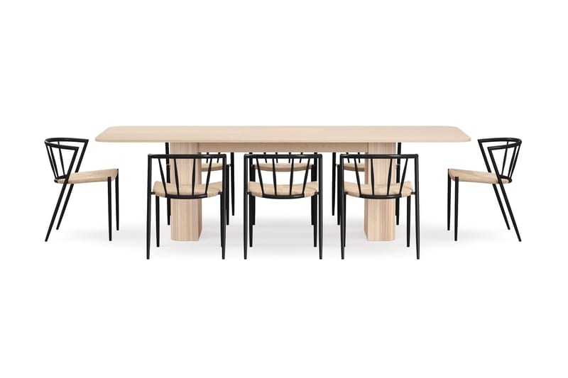 Kopparbo Spisebord 200-260 cm Udtræksbord med tillægsplade med 8 Winston Spisestole - Hvid / Beige / Metalben Sort - Møbler - Borde - Spisebordssæt