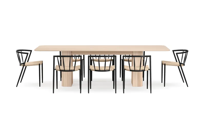 Kopparbo Spisebord 200-260 cm Udtræksbord med tillægsplade med 8 Winston Spisestole - Hvid / Beige / Metalben Sort - Møbler - Borde - Spisebordssæt
