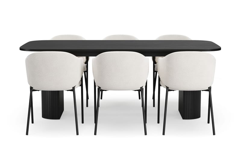 Kopparbo Spisebord 200 cm med 6 Filip Spisestole - Sort / Hvid Bouclé - Møbler - Borde - Spisebordssæt
