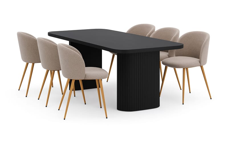 Kopparbo Spisebord 200 cm med 6 Greya Spisestole med armlæn, Sort / Greige Bouclé / Metalben Eg