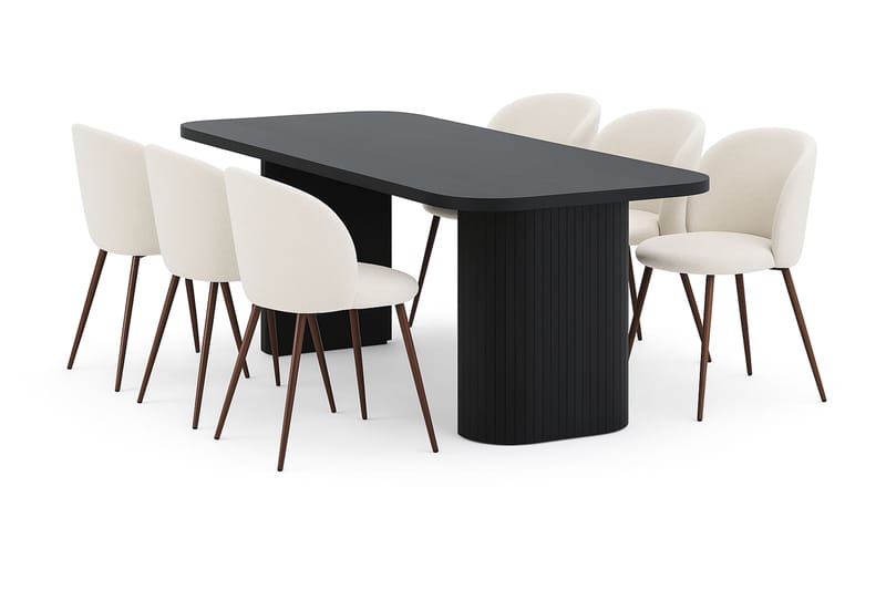Kopparbo Spisebord 200 cm med 6 Greya Spisestole med armlæn, Sort / Hvid Bouclé / Metalben Valnød