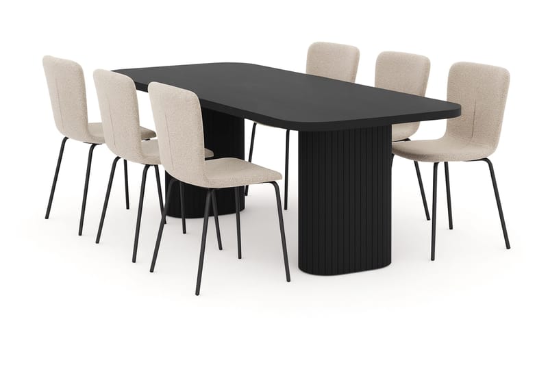 Kopparbo Spisebord 200 cm med 6 Katy Spisestole, Sort / Greige Bouclé / Metalben Sort