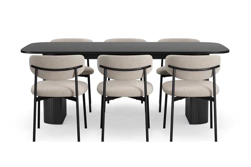 Kopparbo Spisebord 200 cm med 6 Lucy Spisestole - Sort / Greige Bouclé / Metalben Sort - Møbler - Borde - Spisebordssæt