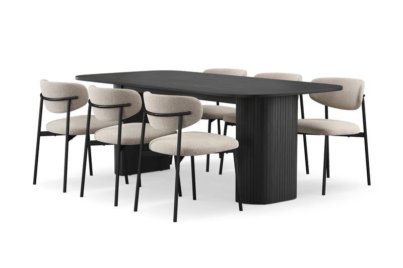 Kopparbo Spisebord 200 cm med 6 Lucy Spisestole, Sort / Greige Bouclé / Metalben Sort