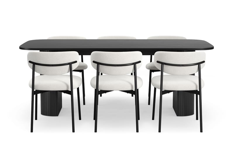 Kopparbo Spisebord 200 cm med 6 Lucy Spisestole - Sort / Hvid Bouclé / Metalben Sort - Møbler - Borde - Spisebordssæt