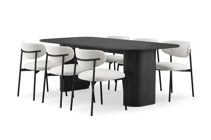 Kopparbo Spisebord 200 cm med 6 Lucy Spisestole, Sort / Hvid Bouclé / Metalben Sort
