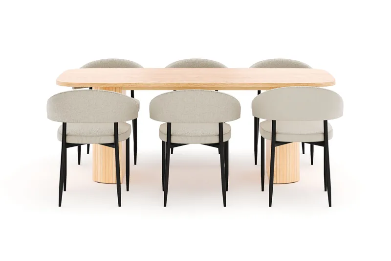 Kopparbo Spisebord 200 cm med 6 Sawako Stole - Natur - Møbler - Borde - Spisebordssæt