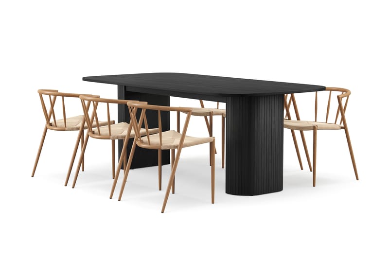 Kopparbo Spisebord 200 cm med 6 Winston Spisestole, Sort / Beige / Metalben Eg