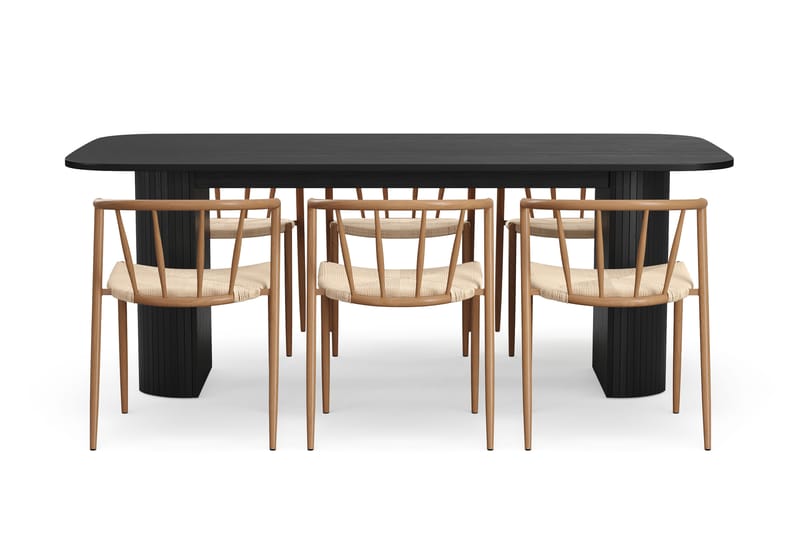 Kopparbo Spisebord 200 cm med 6 Winston Spisestole - Sort / Beige / Metalben Eg - Møbler - Borde - Spisebordssæt