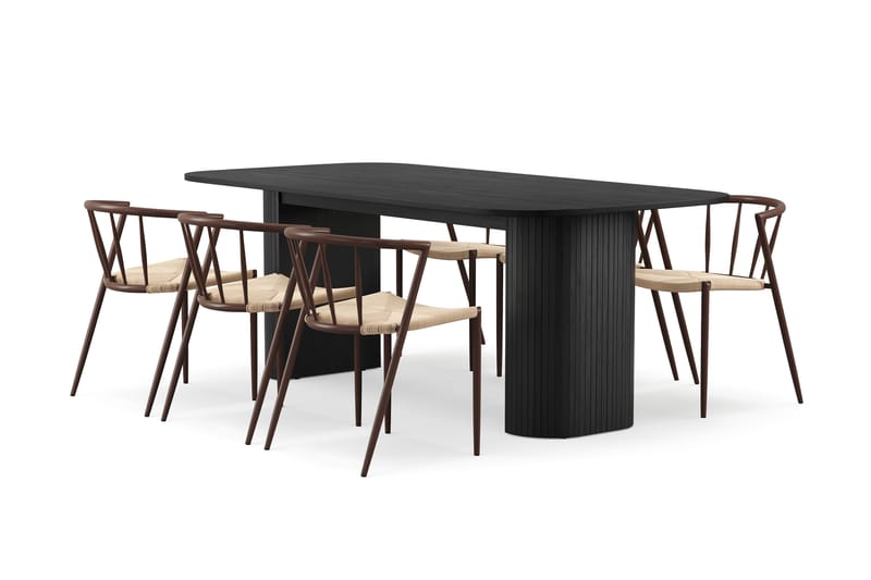 Kopparbo Spisebord 200 cm med 6 Winston Spisestole, Sort / Beige / Metalben Røget eg
