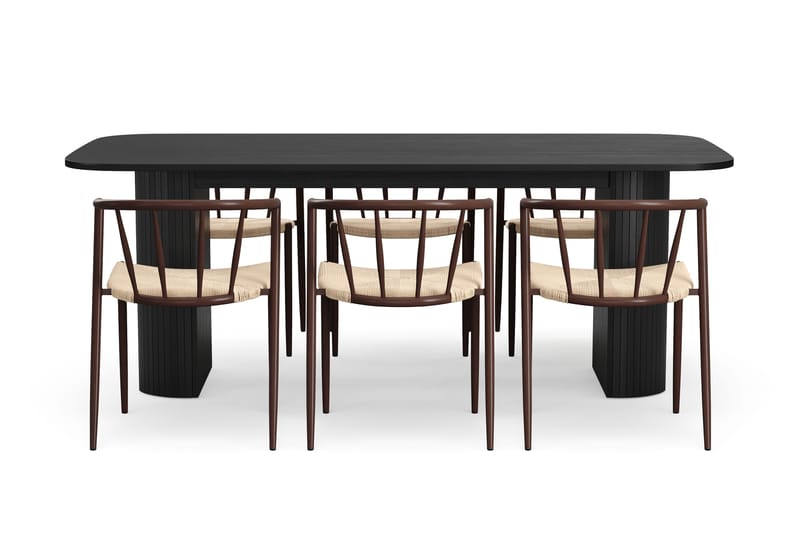 Kopparbo Spisebord 200 cm med 6 Winston Spisestole - Sort / Beige / Metalben Røget eg - Møbler - Borde - Spisebordssæt