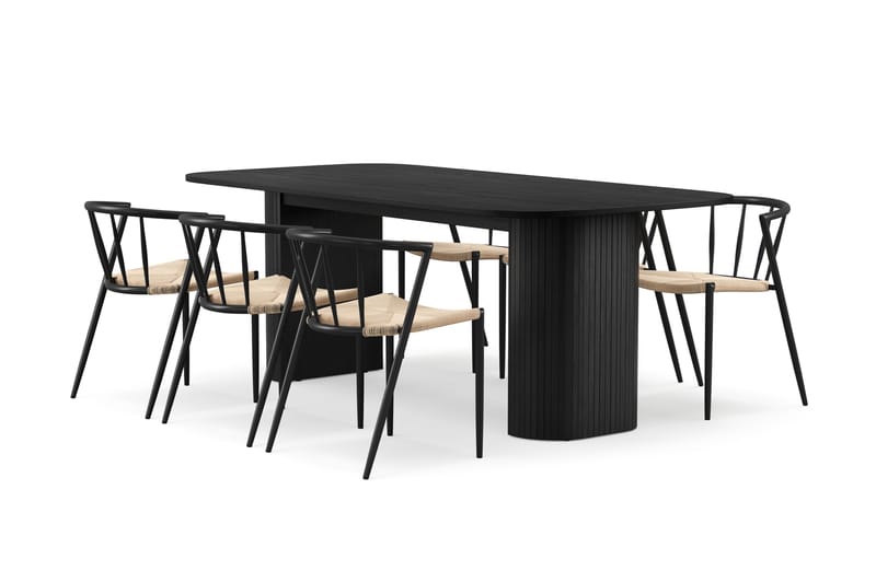 Kopparbo Spisebord 200 cm med 6 Winston Spisestole, Sort / Beige / Metalben Sort