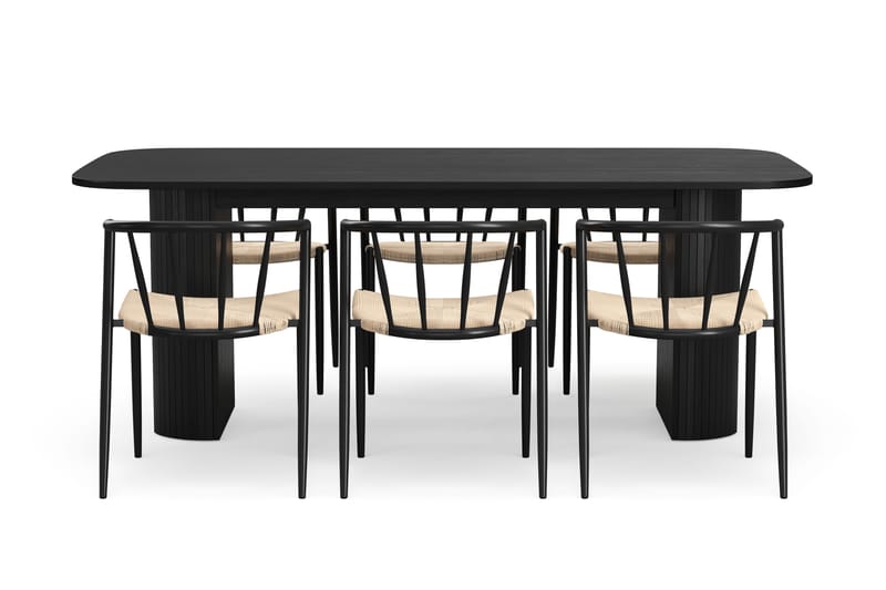 Kopparbo Spisebord 200 cm med 6 Winston Spisestole - Sort / Beige / Metalben Sort - Møbler - Borde - Spisebordssæt