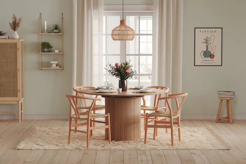 Kopparbo Rundt Spisebord 130 cm Udvideligt med tillægsplade - Hvidlaseret Eg / Lysebeige - Møbler - Borde - Spisebord og køkkenbord