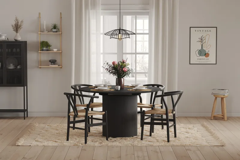 Kopparbo Rundt Spisebord 130 cm Udvideligt med tillægsplade - Sort Træ / Riflet - Møbler - Borde - Spisebord og køkkenbord