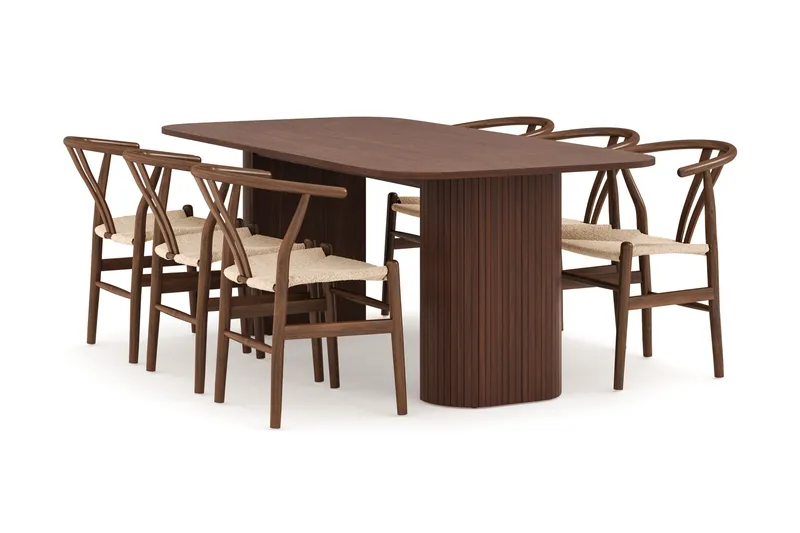 Kopparbo Spisebordssæt Rektangulært Spisebord 200 cm med 6 Dastoori Spisebordsstole, Brun / Beige / Træ / Ribbet