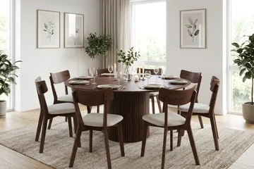 Kopparbo spisegruppe, rund, 180 cm, i valnød med 8 Amelia-spisestole med hynde - Valnød - Møbler - Borde - Spisebordssæt