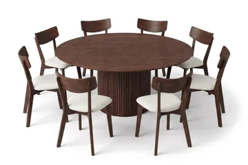 Kopparbo spisegruppe, rund, 180 cm, i valnød med 8 Amelia-spisestole med hynde - Valnød - Møbler - Borde - Spisebordssæt