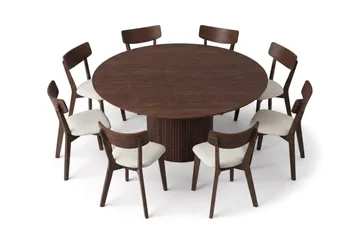 Kopparbo spisegruppe, rund, 180 cm, i valnød med 8 Amelia-spisestole med hynde - Valnød/Beige - Møbler - Borde - Spisebordssæt