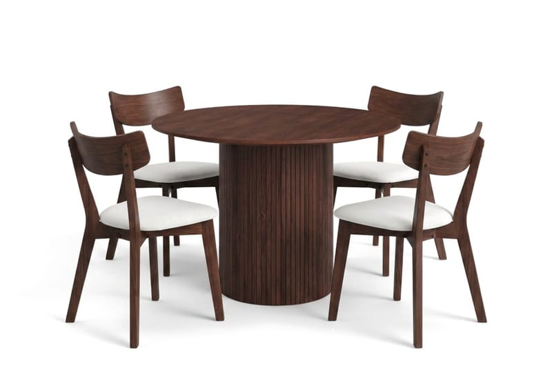 Kopparbo spisegruppe 110 cm rund i valnød med 4 Amelia spisebordsstole med hynde, Valnød/Beige