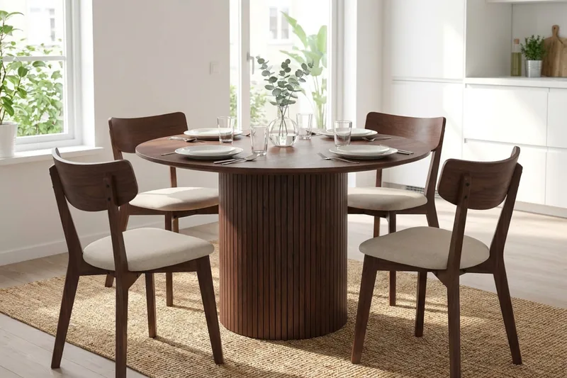 Kopparbo spisegruppe 110 cm rund i valnød med 4 Amelia spisebordsstole med hynde - Valnød/Beige - Møbler - Borde - Spisebordssæt