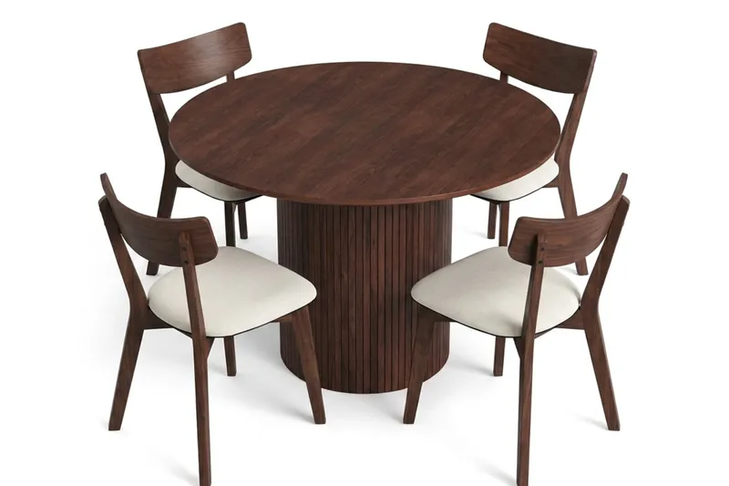 Kopparbo spisegruppe 110 cm rund i valnød med 4 Amelia spisebordsstole med hynde - Valnød/Beige - Møbler - Borde - Spisebordssæt