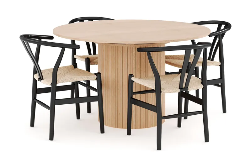 Kopparbo Spisegruppe 130 cm Rund Forlængbar med 4 Dastoori Spisestole, Whitewash