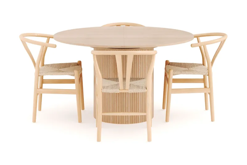 Kopparbo Spisegruppe 130 cm Rund Forlængbar med 4 Dastoori Spisestole - Whitewash - Møbler - Borde - Spisebordssæt