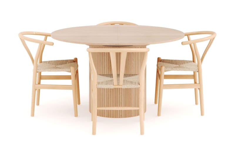Kopparbo Spisegruppe 130 cm Rund Forlængbar med 4 Dastoori Spisestole - Whitewash - Møbler - Borde - Spisebordssæt