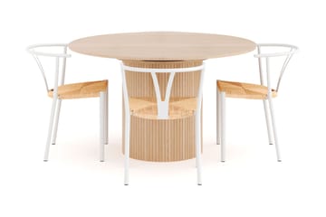 Kopparbo Spisegruppe 130 cm Rund Forlængbar med 4 Elysia Spisestole - Whitewash - Møbler - Borde - Spisebordssæt