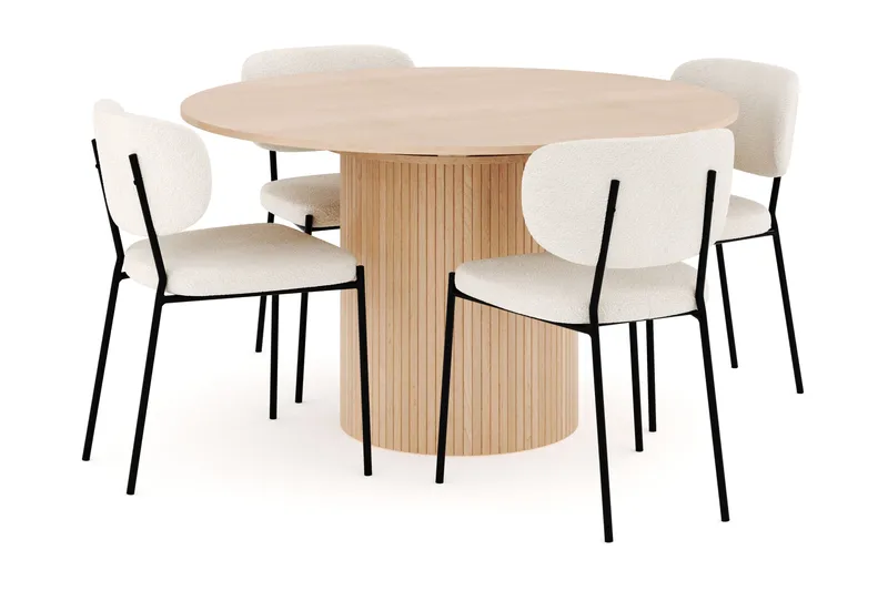 Kopparbo Spisegruppe 130 cm Rund Forlængbar med 4 Gemmiano Spisestole, Whitewash