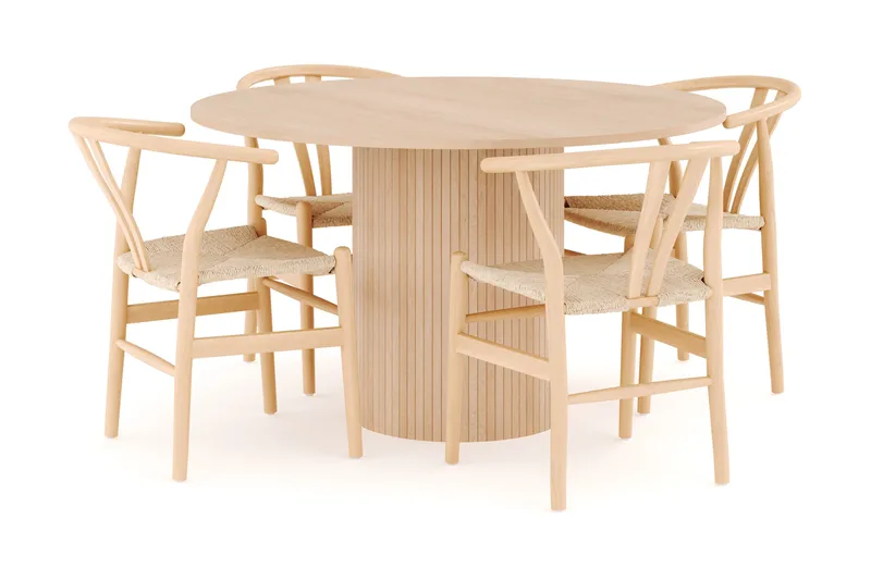 Kopparbo Spisegruppe 130 cm Rund med 4 Dastoori Spisestol, Beige