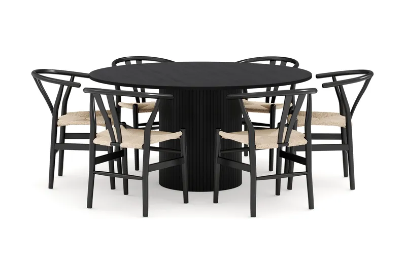Kopparbo Spisegruppe 150 cm Rund med 6 Dastoori Spisestol, Sort