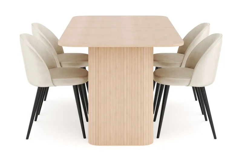 Kopparbo Spisegruppe 180-240 cm Forlængbar med 4 Valeri Fløjlsstole - Whitewash - Møbler - Borde - Spisebordssæt