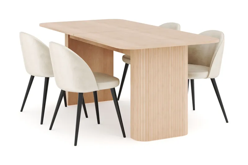 Kopparbo Spisegruppe 180-240 cm Forlængbar med 4 Valeri Fløjlsstole, Whitewash