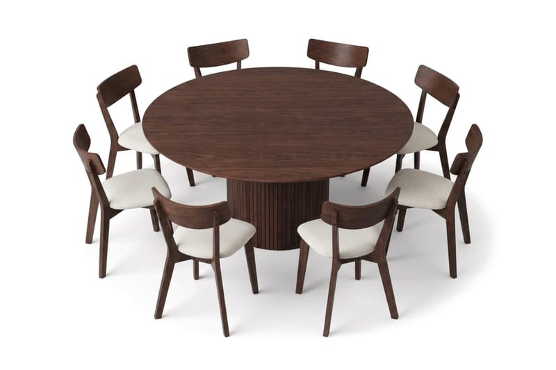 Kopparbo spisegruppe 180 cm rund i valnød med 8 Amelia spisebordsstole med hynde - Valnød/Beige - Møbler - Borde - Spisebordssæt