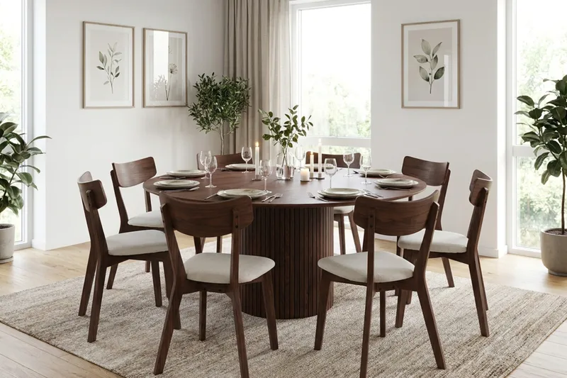 Kopparbo spisegruppe 180 cm rund i valnød med 8 Amelia spisebordsstole med hynde - Valnød/Beige - Møbler - Borde - Spisebordssæt