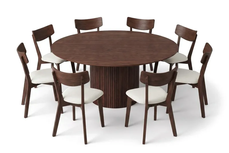 Kopparbo spisegruppe 180 cm rund i valnød med 8 Amelia spisebordsstole med hynde, Valnød/Beige
