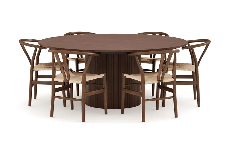 Kopparbo Spisegruppe 180 cm rundt spisebord med 6 Dastoori Spisestole, Valnød