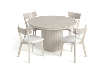 Kopparbo spisegruppe med udtræk, rund, 120-220 cm, hvidbejdset, med 4 Amelia-spisestole med hynde - Hvidlaseret/Beige - Møbler - Borde - Spisebordssæt