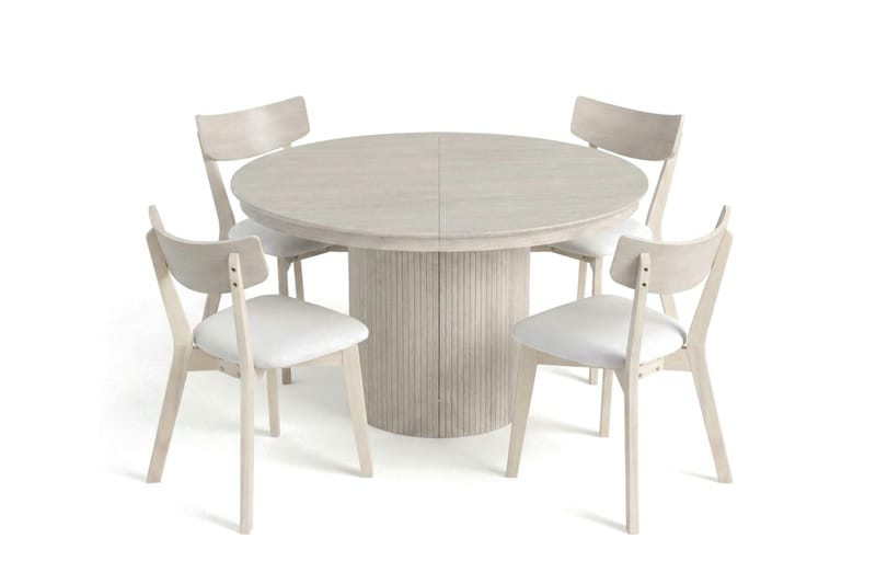 Kopparbo spisegruppe med udtræk, rund, 120-220 cm, hvidbejdset, med 4 Amelia-spisestole med hynde - Hvidlaseret/Beige - Møbler - Borde - Spisebordssæt