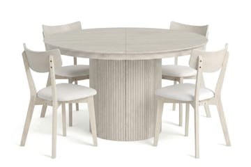 Kopparbo spisegruppe med udtræk, rund, 120-220 cm, hvidbejdset, med 4 Amelia-spisestole med hynde - Hvidlaseret/Beige - Møbler - Borde - Spisebordssæt