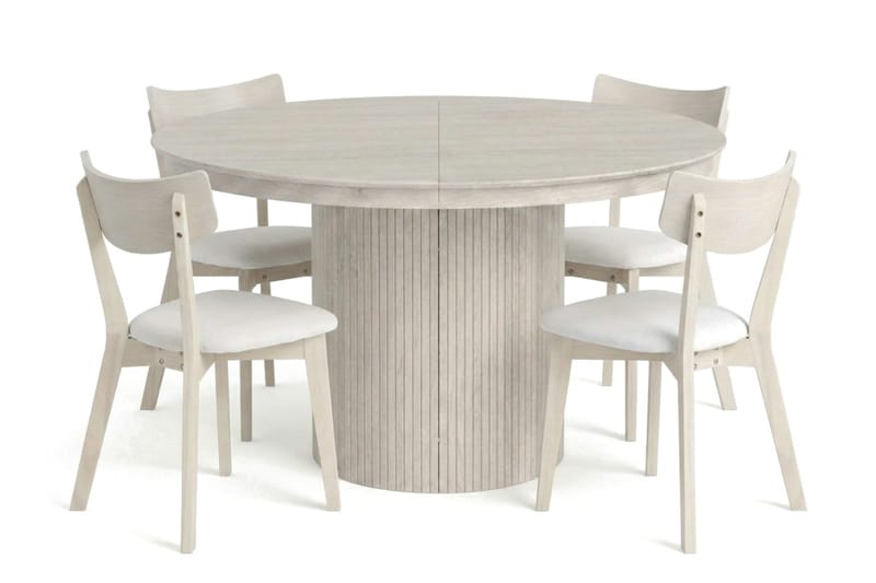 Kopparbo spisegruppe med udtræk, rund, 120-220 cm, hvidbejdset, med 4 Amelia-spisestole med hynde, Hvidlaseret/Beige