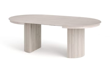 Kopparbo spisegruppe med udtræk, rund, 120-220 cm, hvidbejdset, med 4 Amelia-spisestole med hynde - Hvidlaseret/Beige - Møbler - Borde - Spisebordssæt